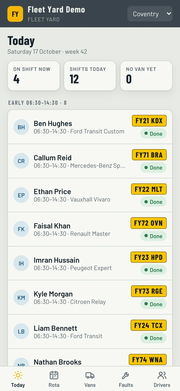 Fleet Yard on a phone showing today's shifts